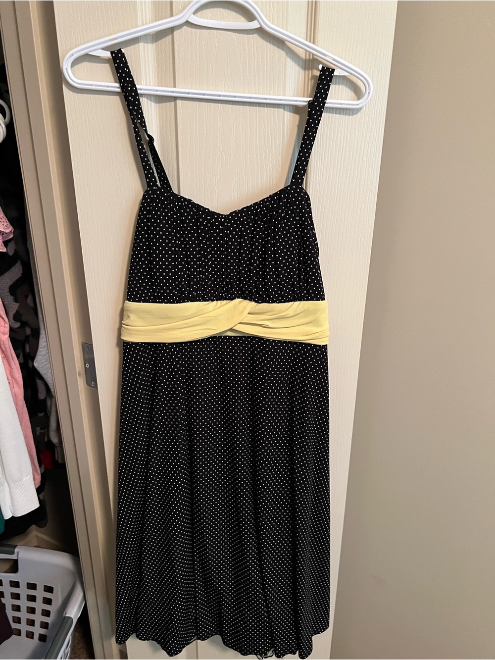 Addition Elle Black Polka Dot Midi Dress with Yellow Twist Waist